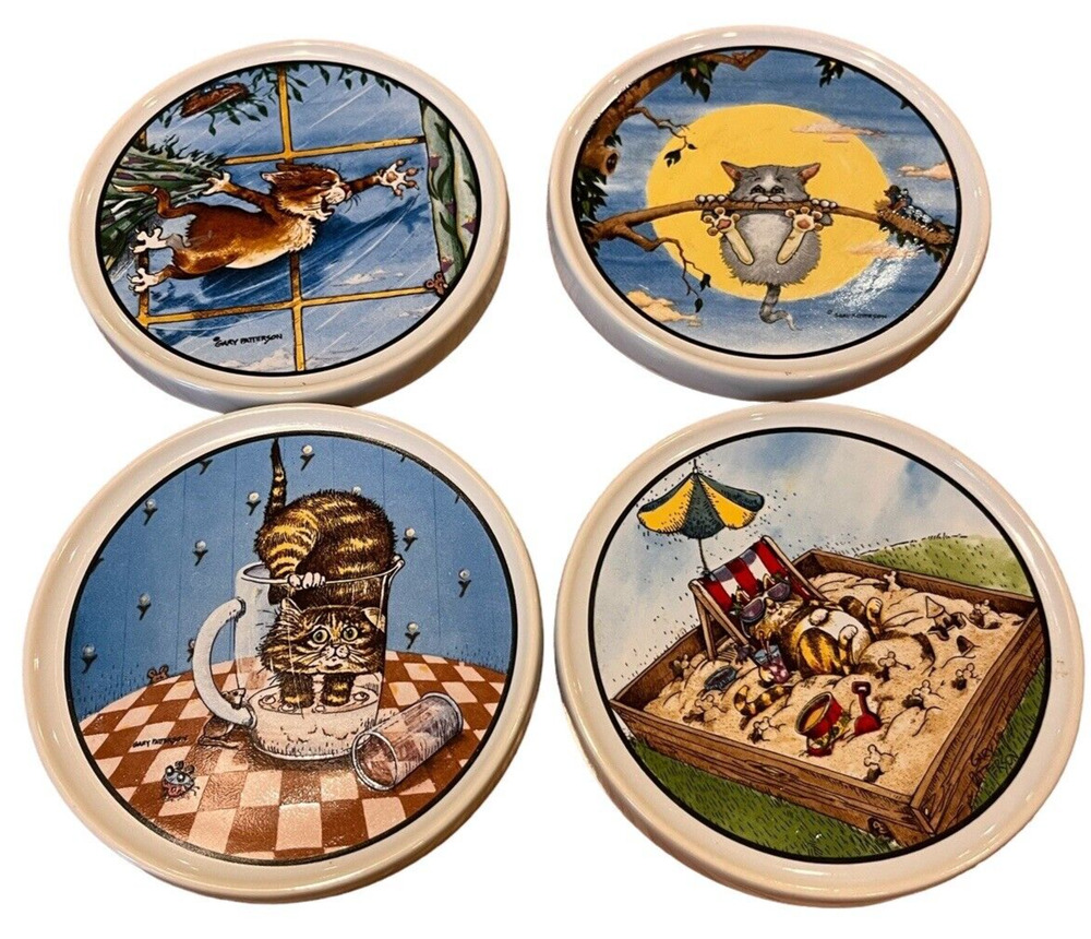 Set of 4 Gary Patterson Cartoon Cat Non-Slip Ceramic Coasters by Clay Design
